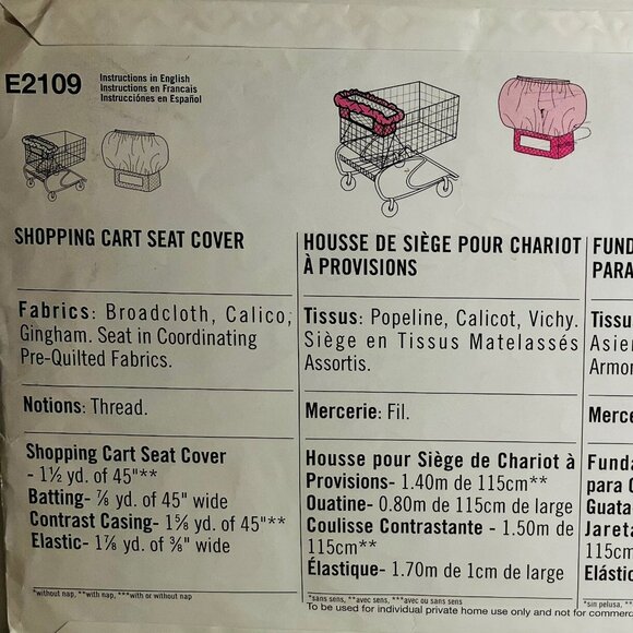 Baby Shopping Cart Seat Cover Sewing Pattern Simplicity 2106 E2106 Cut Complete - Picture 4 of 5